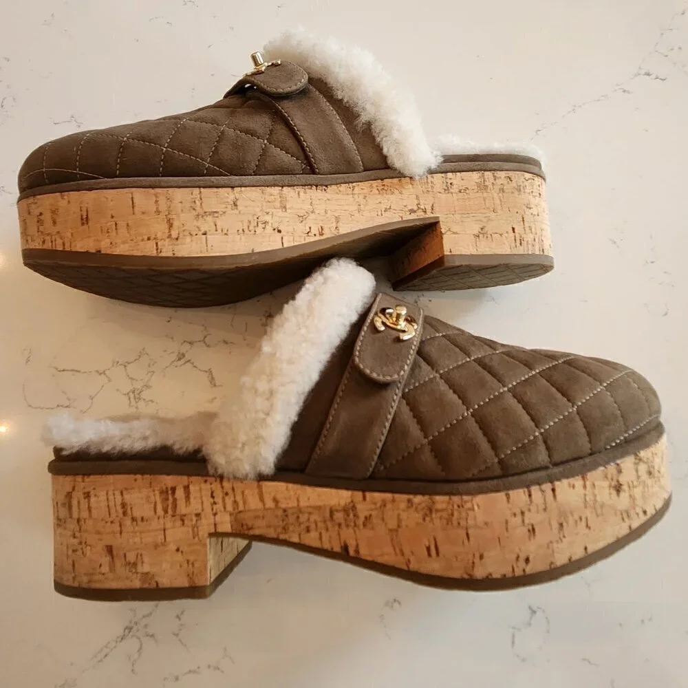 Chanel Suede Calfskin Shearling Turn Lock Clogs, Authentic